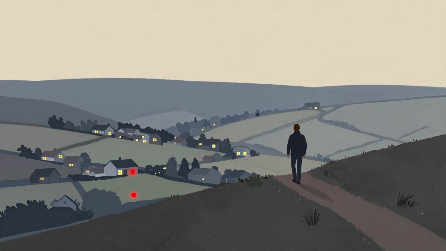 A walker on a hillside at dusk looking over scattered village lights, the nearest one glowing red below the path.