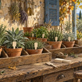 Potted herbs with blank wooden markers arranged in wooden trays on a sunlit workshop bench.