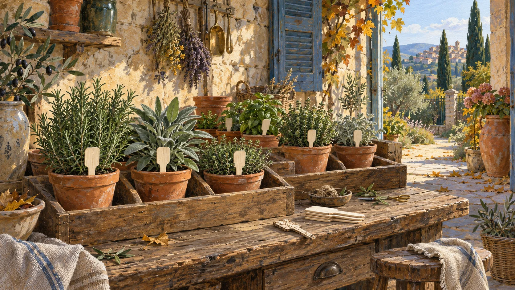 Potted herbs with blank wooden markers arranged in wooden trays on a sunlit workshop bench.