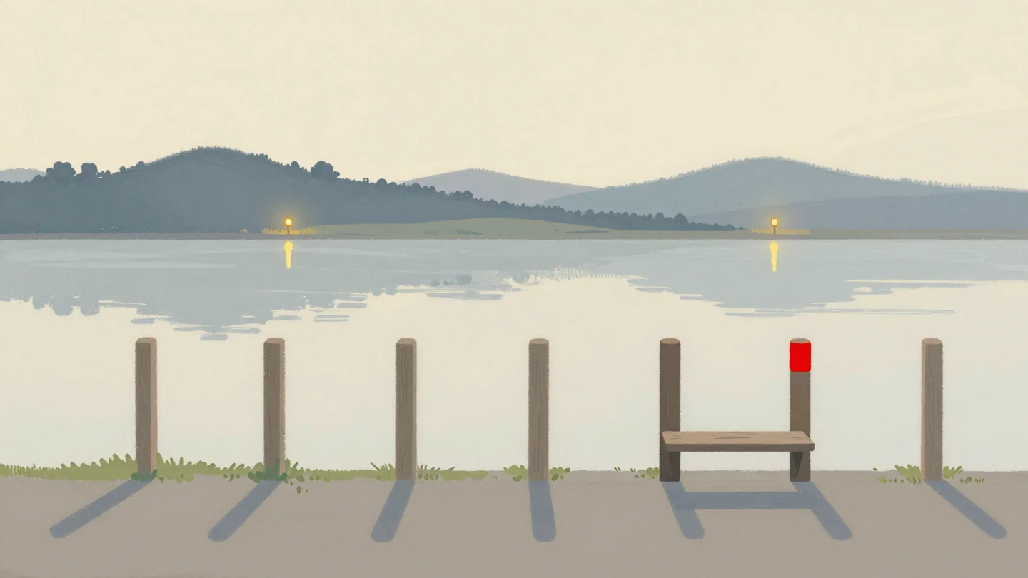Gouache painting: six wooden fence posts stand in a straight row along a riverbank, equally spaced