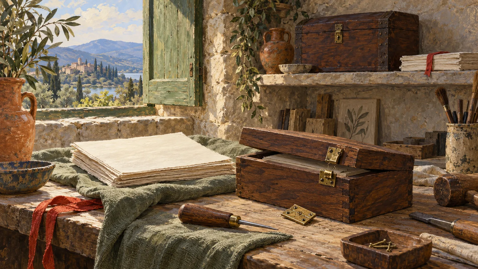 An open wooden box and loose brass fitting on a restoration workbench, with a closed archive chest behind it.