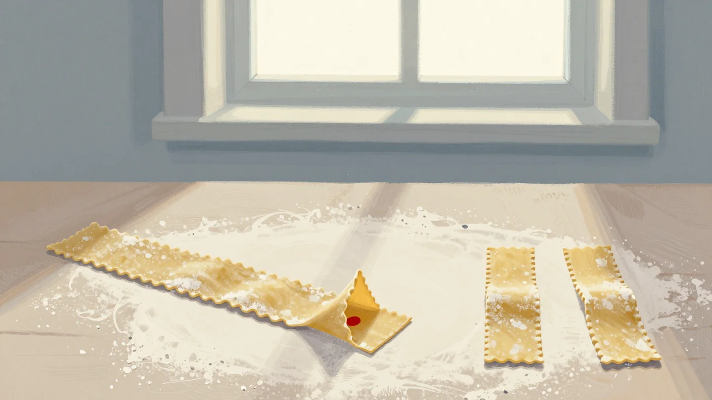 Gouache painting: on a floured board, one long strand of fresh pasta on the left is folded into a V with a doubled-back spike through its middle, overlapping itself
