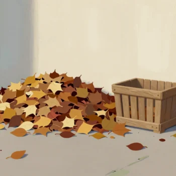 A loose heap of raked autumn leaves spilling beside an empty slatted leaf bin, a red rake against the wall.