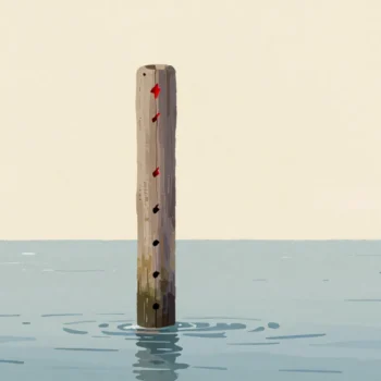 A harbor post notched with flood marks, a hand adding a fresh red notch