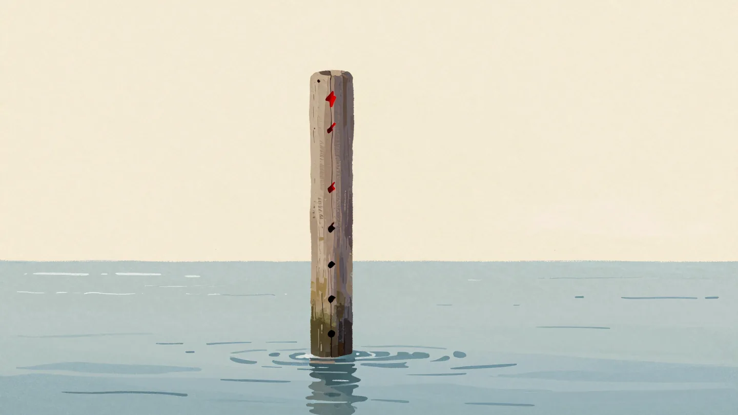 A harbor post notched with flood marks, a hand adding a fresh red notch
