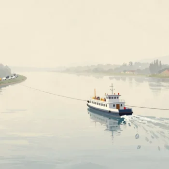 A cable ferry crosses a calm river while a long line of cars waits on the near bank.