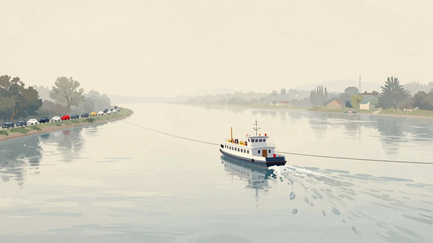 A cable ferry crosses a calm river while a long line of cars waits on the near bank.