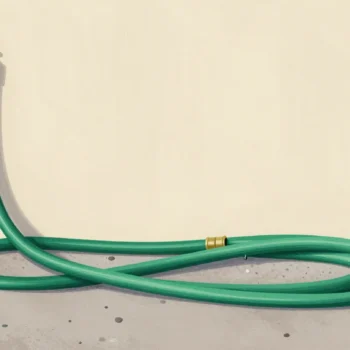 A garden hose made of many short pieces joined by brass couplings lies coiled beside one smooth hose on a shed wall.