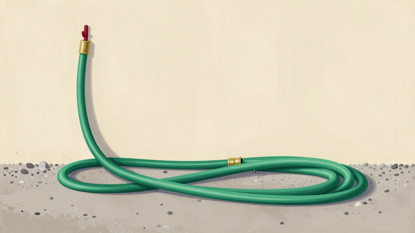 A garden hose made of many short pieces joined by brass couplings lies coiled beside one smooth hose on a shed wall.