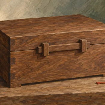 A closed walnut chest with a plain rectangular wooden bar and a short vermillion cord on the table.