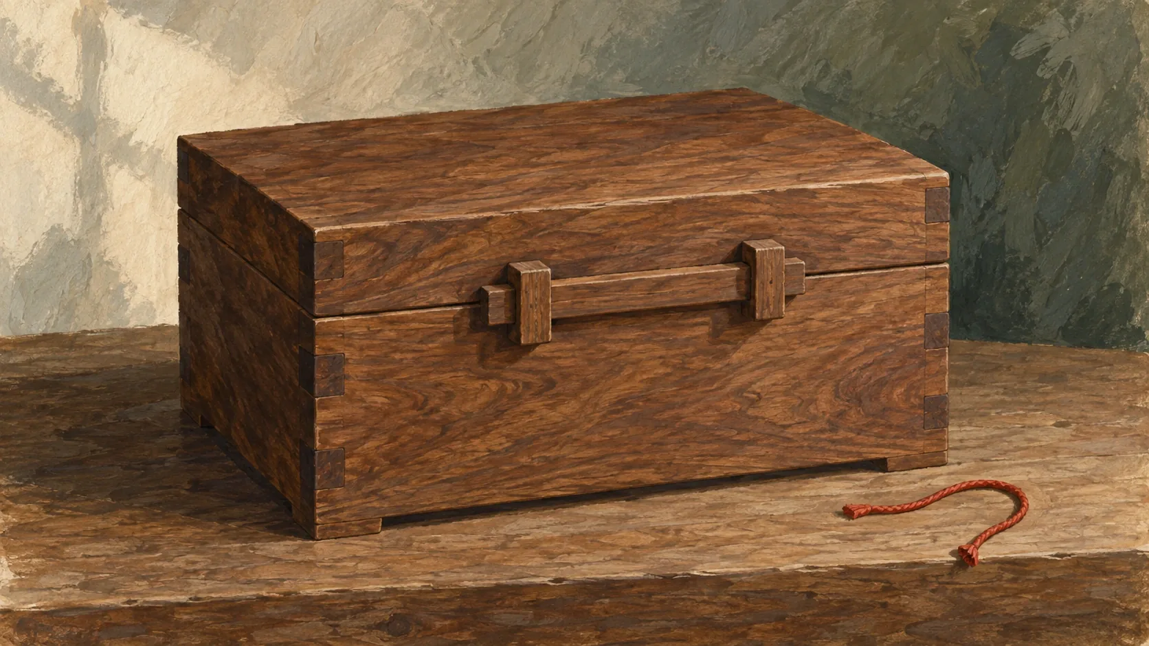 A closed walnut chest with a plain rectangular wooden bar and a short vermillion cord on the table.
