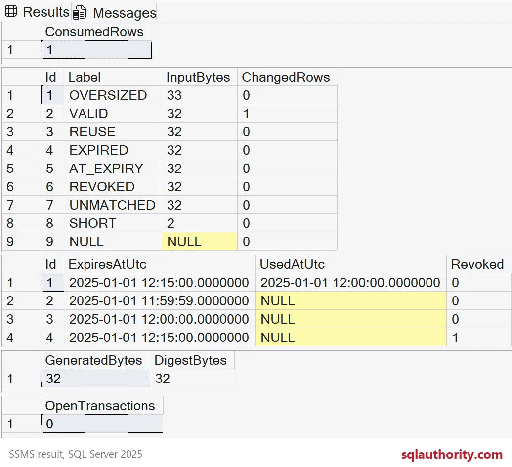 SSMS grids: nine token cases with changed rows, four stored token states, 32-byte token and digest, zero open transactions.