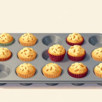 A muffin tin with one empty cup, while two muffins are squeezed together into the cup next to it.