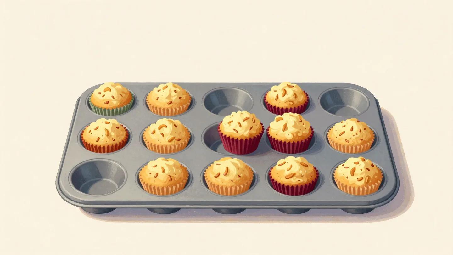 A muffin tin with one empty cup, while two muffins are squeezed together into the cup next to it.