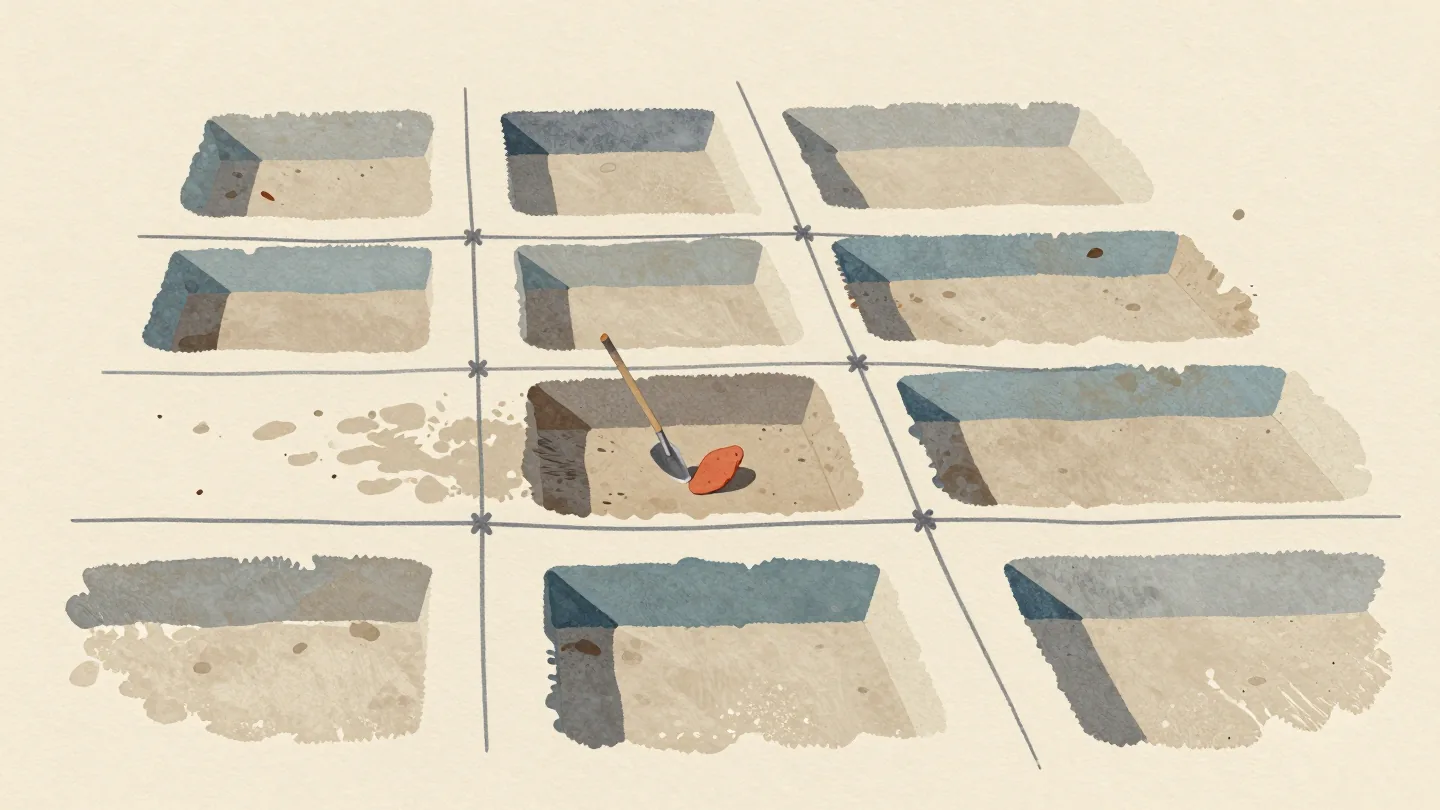 An archaeological dig divided by strings into square cells, a trowel working in one small cell with a red shard.