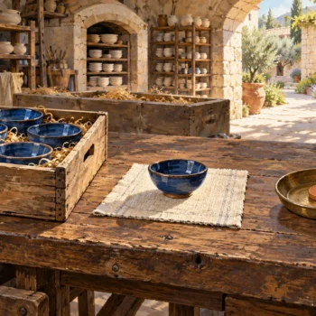 A crate of blue ceramic bowls, a separate sample bowl and a clay inspection token.