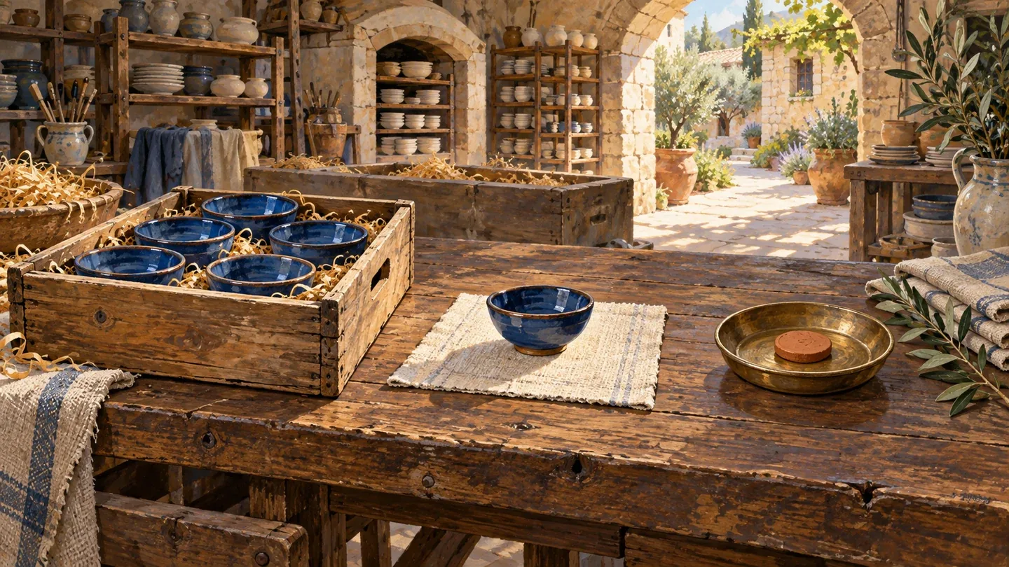 A crate of blue ceramic bowls, a separate sample bowl and a clay inspection token.