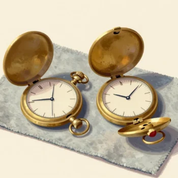 Two open brass pocket watches with plain faces on a felt mat, a hand turning one crown to match the other watch.