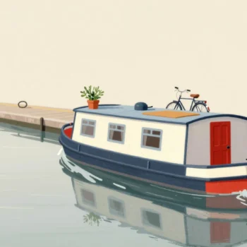 A houseboat leaving its canal mooring with potted herbs, a bicycle and its red front door all aboard.