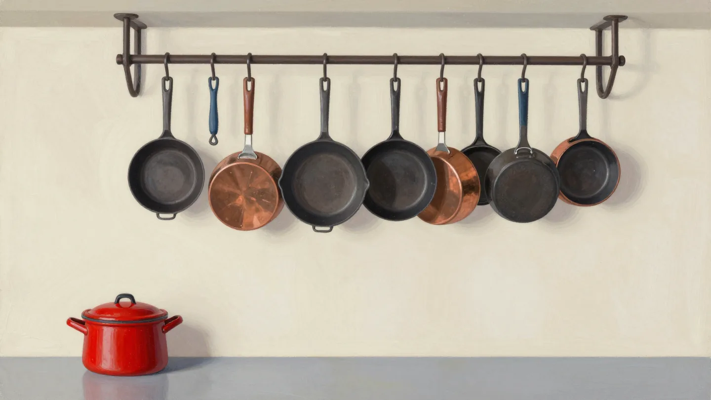 A kitchen pot rack tilting because every heavy pan hangs from one end, the other end's hooks empty.