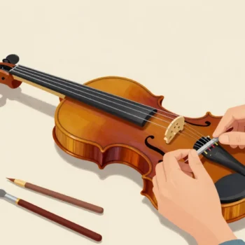 A luthier's hands checking a violin's slightly leaning bridge with a small gauge on a padded workbench.