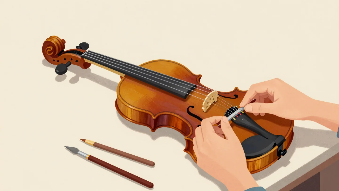 A luthier's hands checking a violin's slightly leaning bridge with a small gauge on a padded workbench.