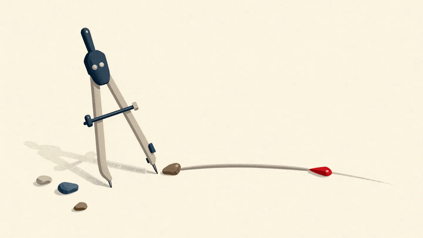 A drawing compass on cream paper, its pencil arc just touching the nearest of several scattered pebbles.