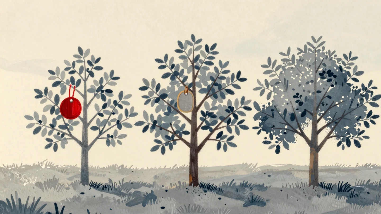 Gouache painting: three young apple trees stand in a row in a grassy orchard