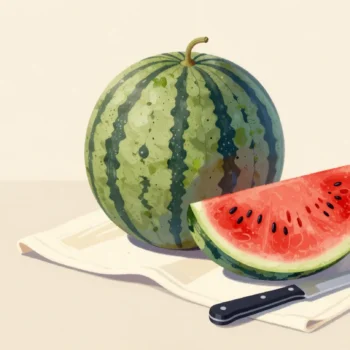 A whole watermelon beside one cut red slice on a cloth, a kitchen knife in front
