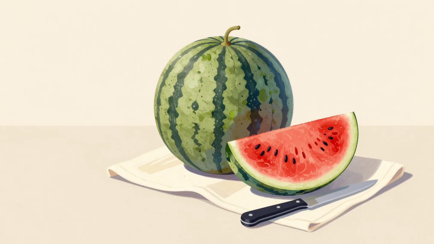 A whole watermelon beside one cut red slice on a cloth, a kitchen knife in front
