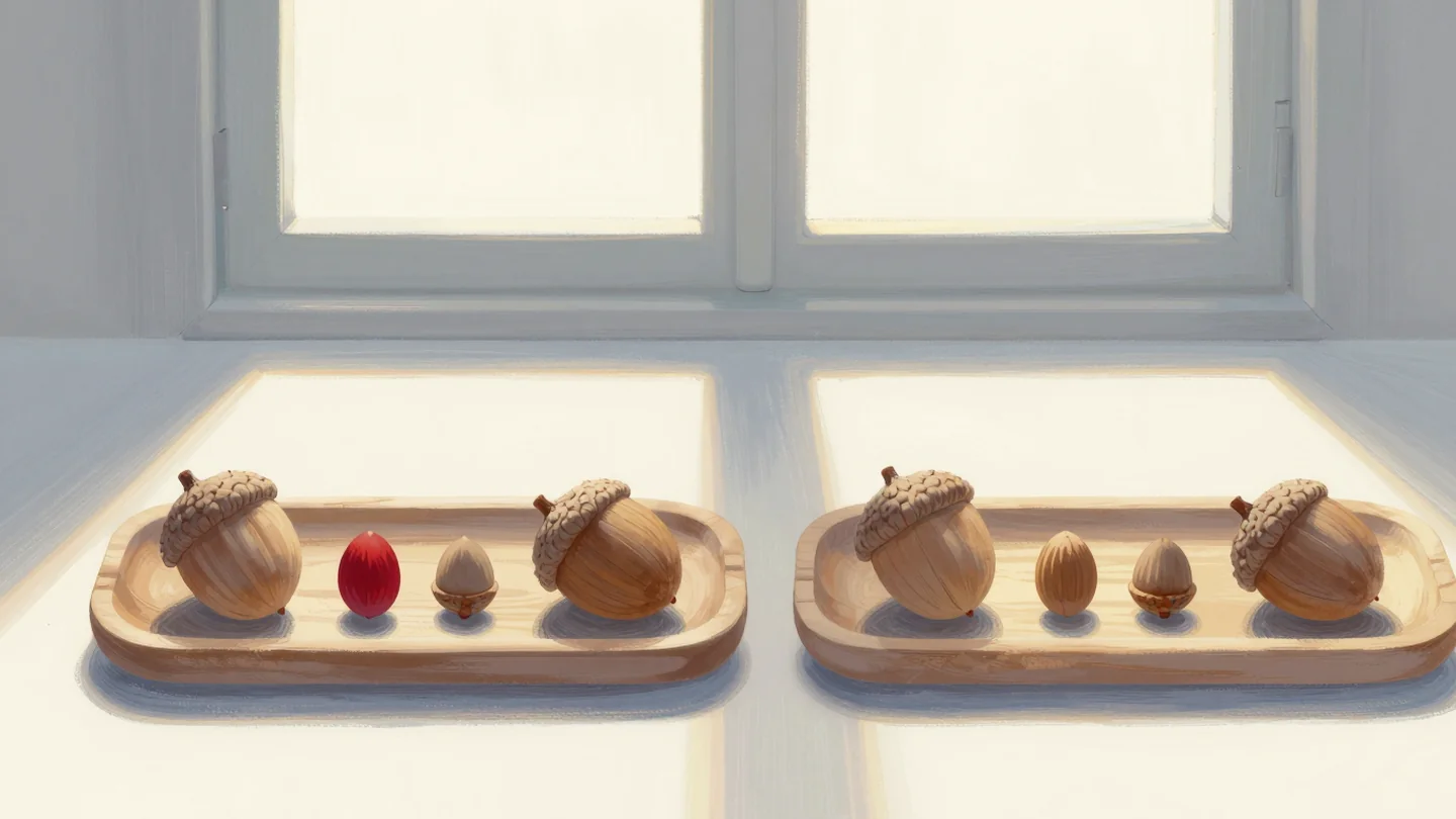 Gouache painting: two shallow trays of turned wooden acorns, each holding both large and small acorns