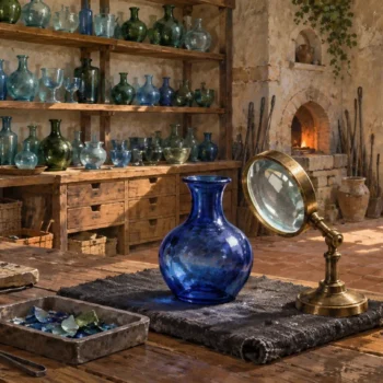 A blue glass vessel under inspection beside a magnifying lens and shelves of accumulated finished vessels.