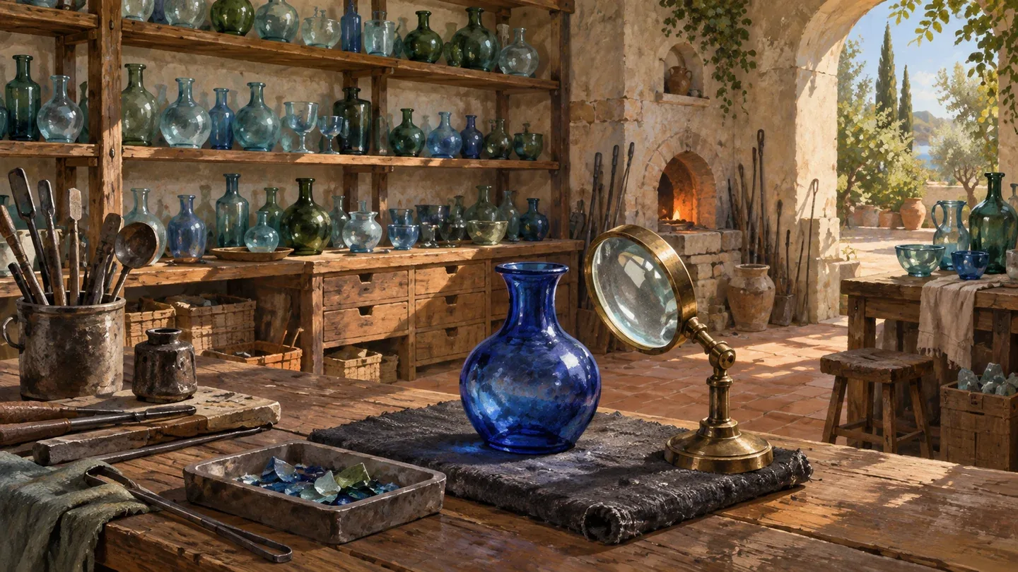 A blue glass vessel under inspection beside a magnifying lens and shelves of accumulated finished vessels.