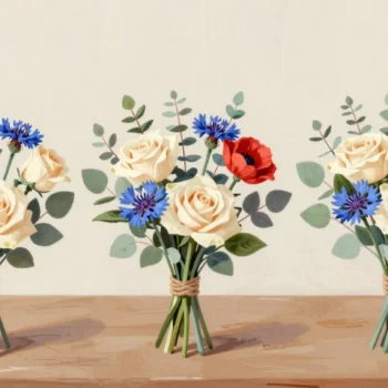 Three small bouquets sharing the same flowers in different mixes, a red poppy in two of them