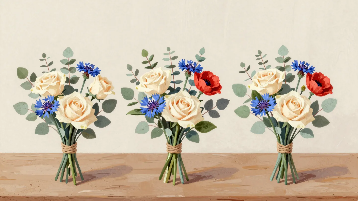 Three small bouquets sharing the same flowers in different mixes, a red poppy in two of them
