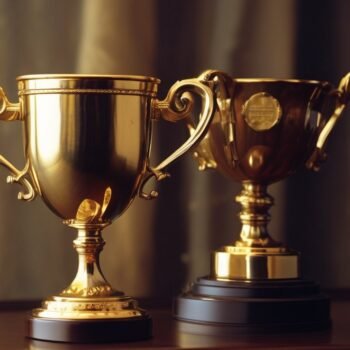 Gold trophies on a dark shelf, an award for community experts