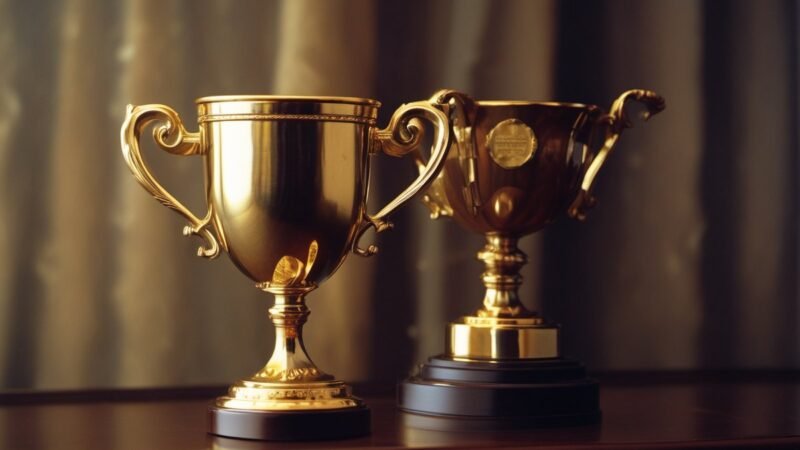 Gold trophies on a dark shelf, like the MVP award for community experts