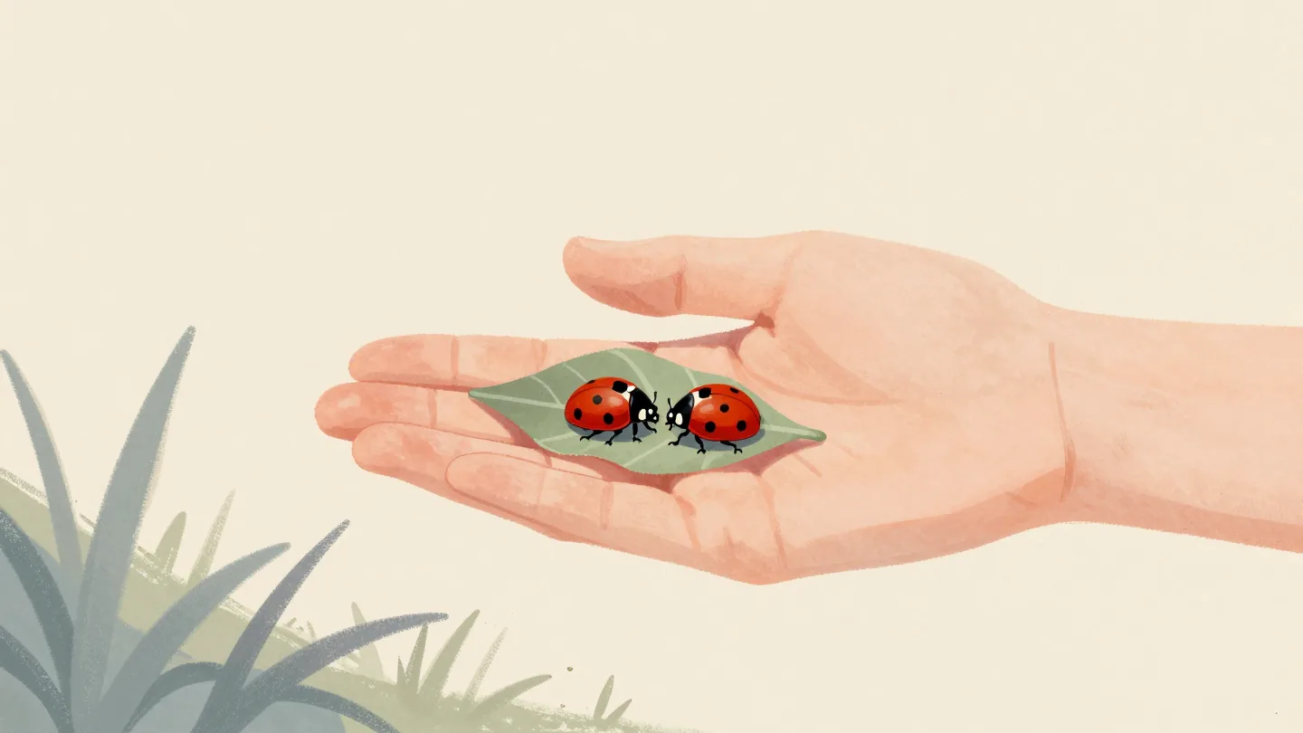 An open hand holding two nearly identical red ladybirds, one with a single extra small dot.