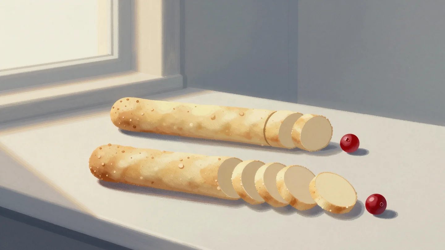 Gouache painting: two identical long dough logs lie parallel on a floured counter, each sliced into rounds of equal width