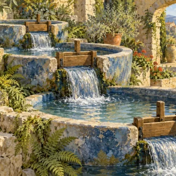Successive round stone basins pass water through wooden gates in a flowering Mediterranean garden.