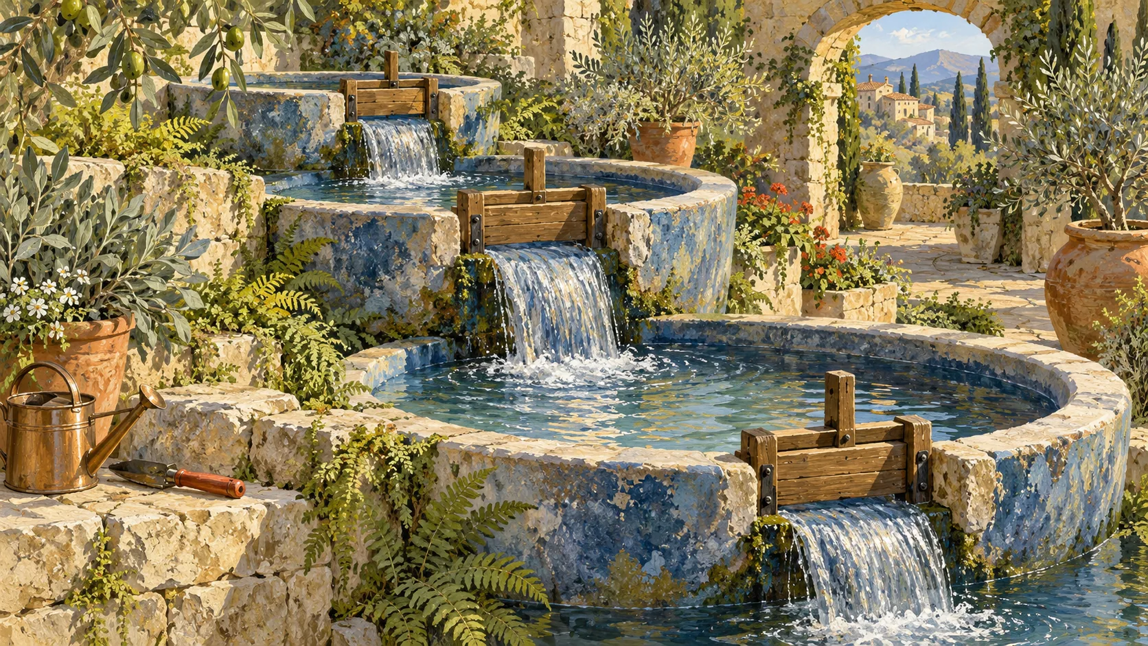 Successive round stone basins pass water through wooden gates in a flowering Mediterranean garden.