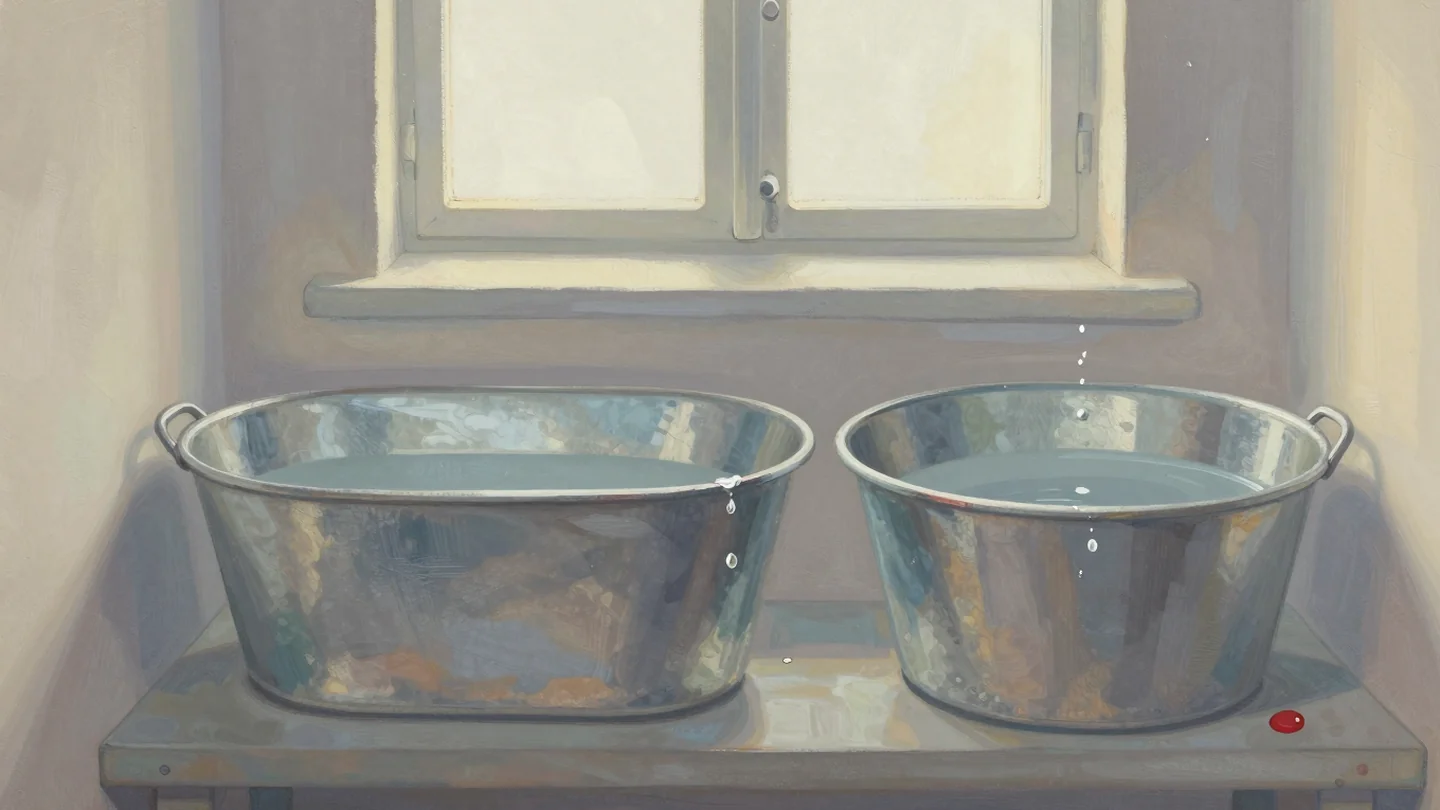 Gouache painting: in a stone laundry room, two zinc washtubs stand side by side on a low bench