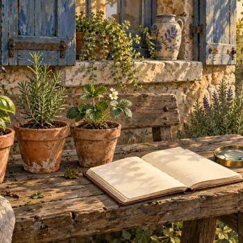 Three potted herbs stand beside an open blank notebook and magnifying glass on a garden bench.