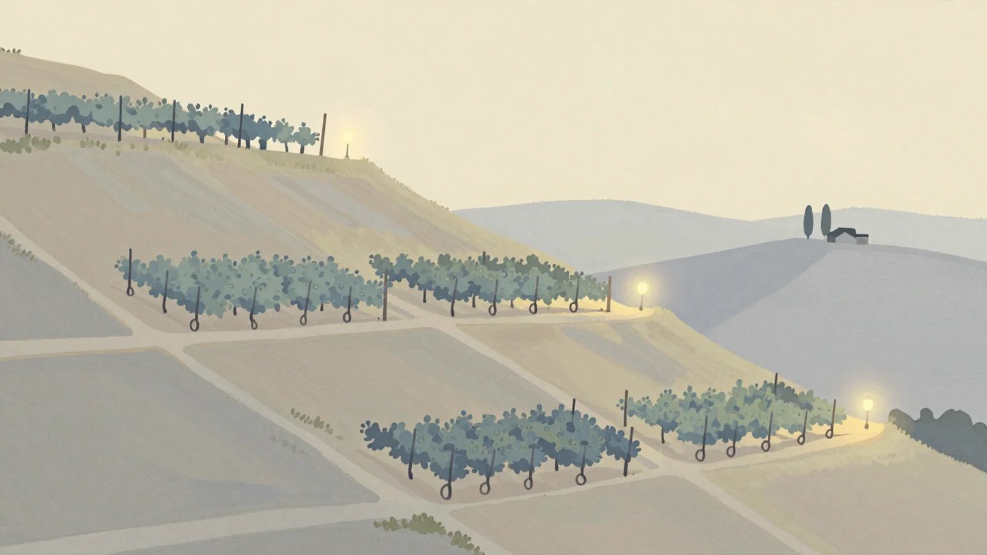 Gouache painting: seen from the side, a hillside of grapevines steps down in three terraces
