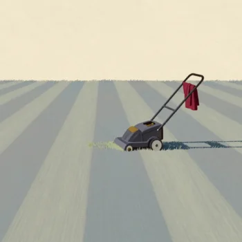 A half-mown lawn at dusk, the push mower parked where the last stripe ended, a red cloth on its handle.