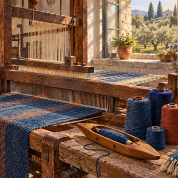 A wooden loom, a reusable shuttle, wound wool and an ordered thread comb.