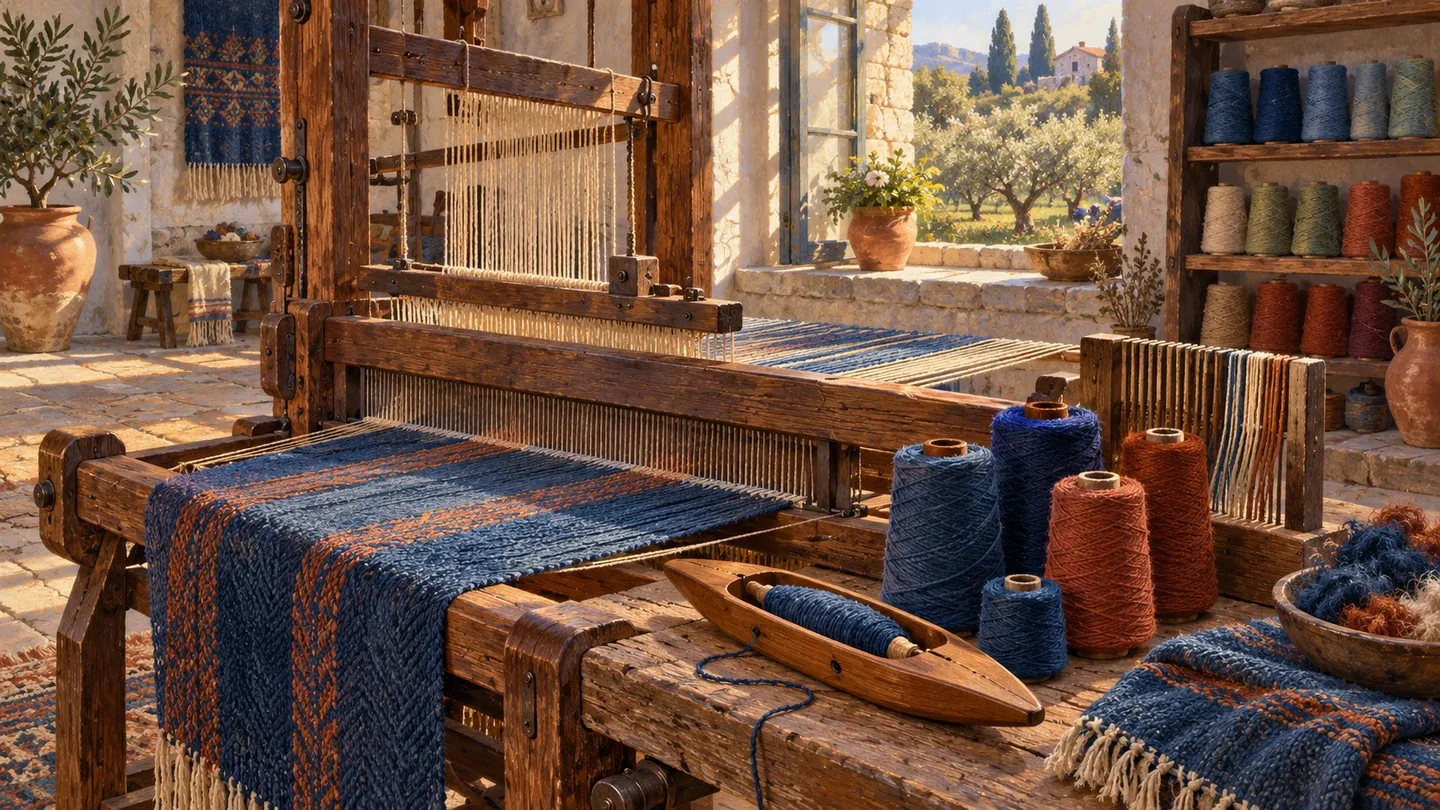 A wooden loom, a reusable shuttle, wound wool and an ordered thread comb.