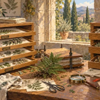 A herbarium studio shows two separate oak cabinets storing different arrangements of the same botanical specimens.