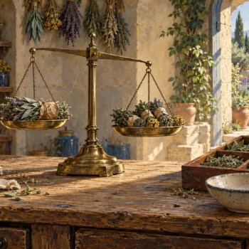 Uneven herb bundles on a brass balance beside a compartment tray of separate portions.