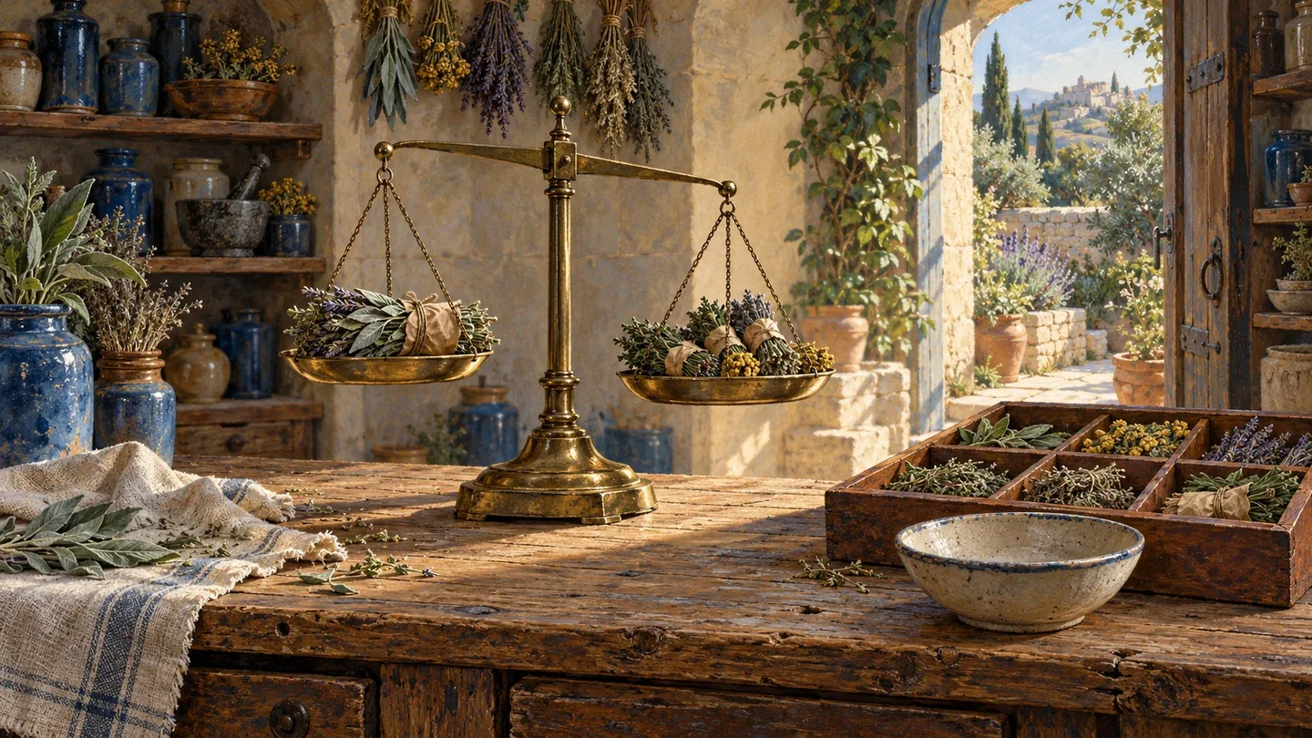 Uneven herb bundles on a brass balance beside a compartment tray of separate portions.
